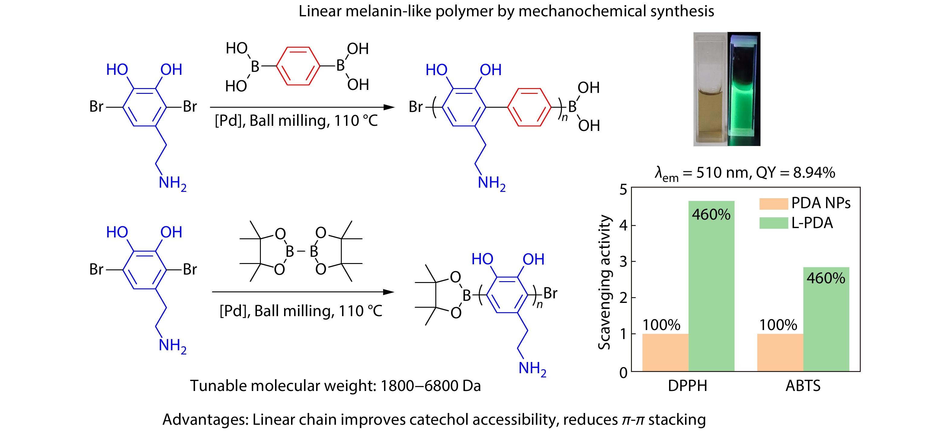 Mechanochemical Synthesis of Linear Melanin-like Polymer with Tunable Physical Properties