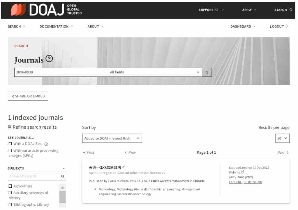 《天地一体化信息网络》被DOAJ数据库正式收录
